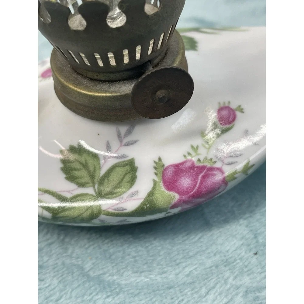 Vintage Mini Oil Lamp Porcelain Floral Finger Lamp Glass Chimney 6